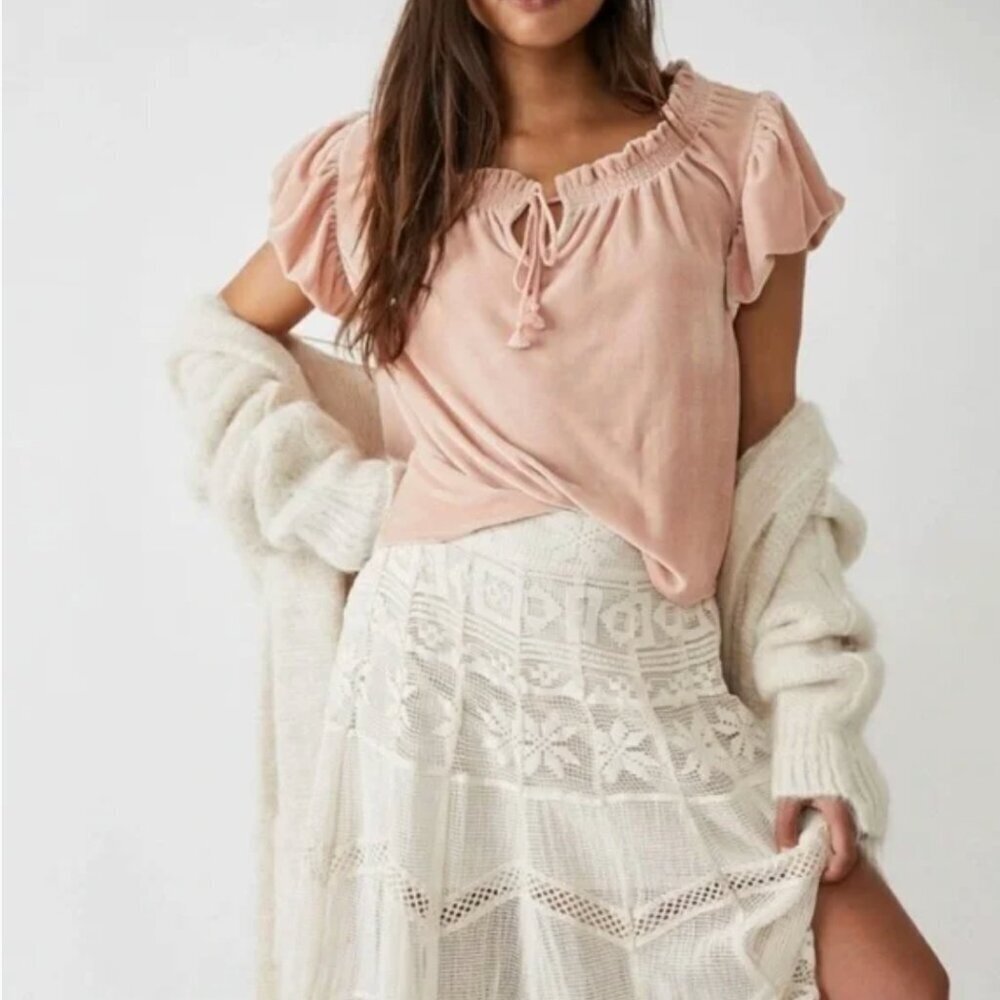 Free People Terese Velvet Top Short Sleeve Ruffle Tassel Light Pink New Small